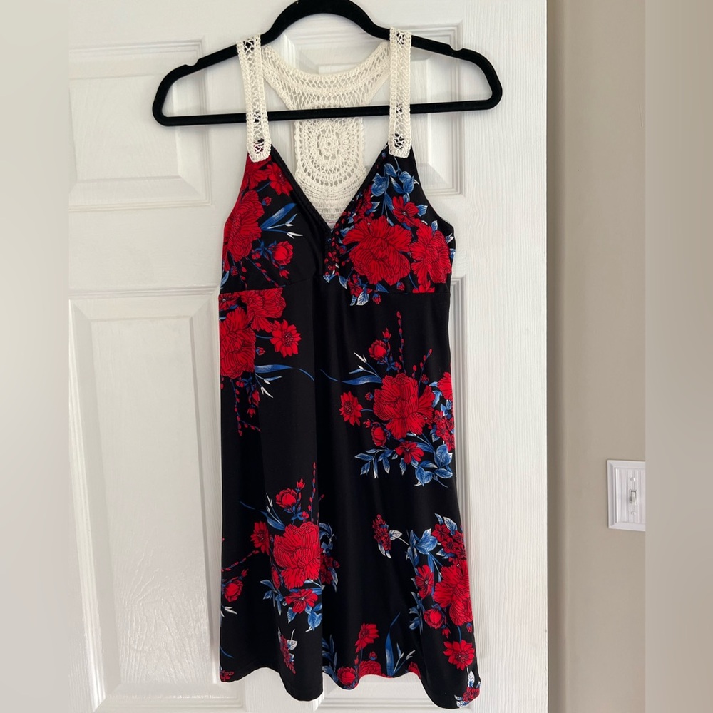 Floral mini dress with crochet razorback straps
